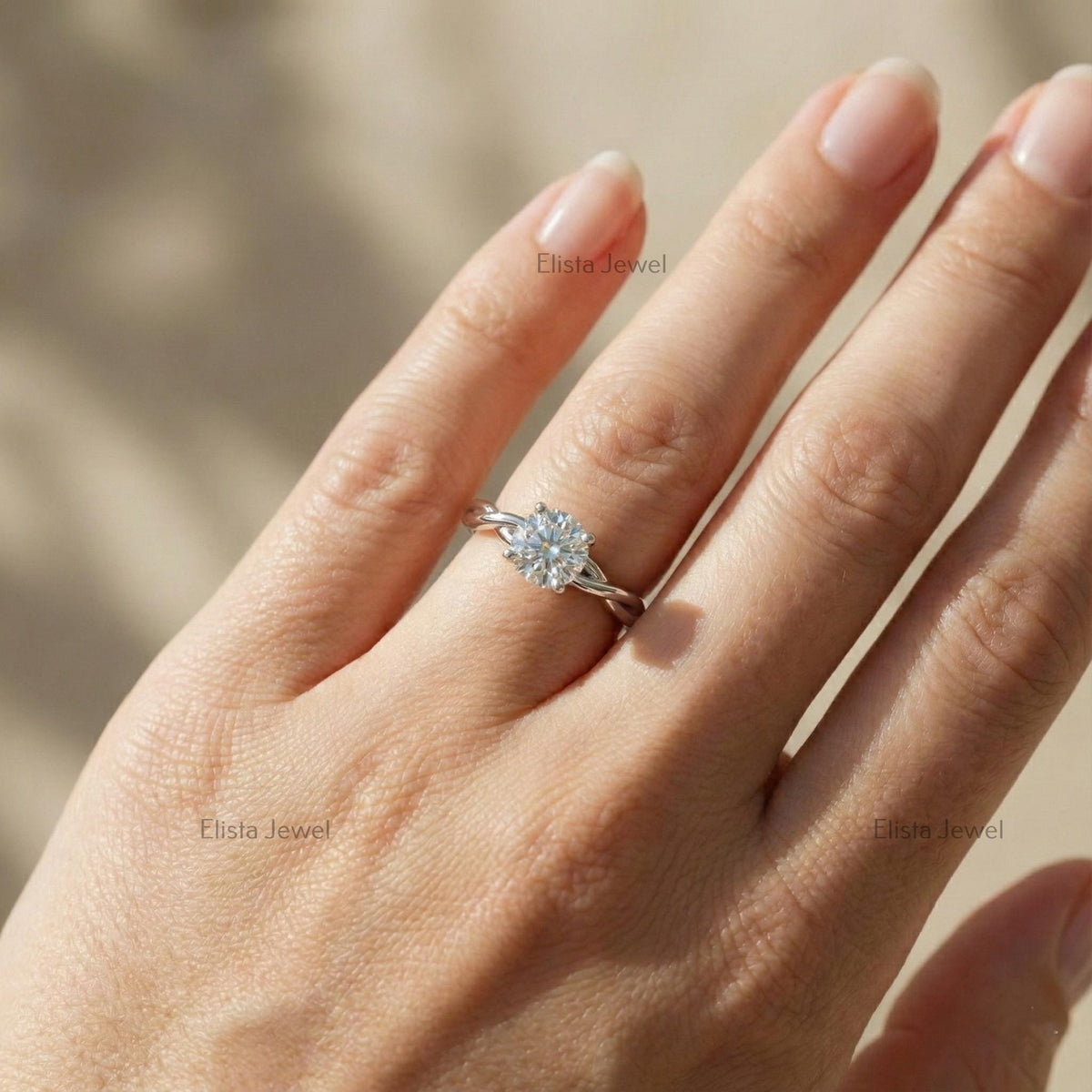 Round Lab Grown Diamond Solitaire Engagement Ring: 14K White Gold Twisted Infinity Band
