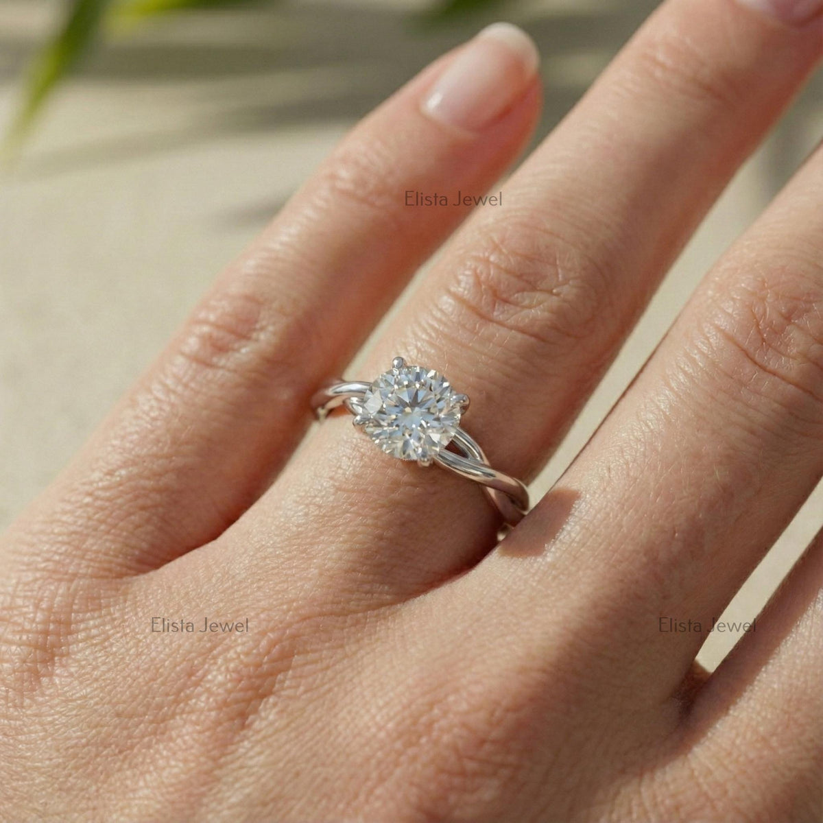 Round Lab Grown Diamond Solitaire Engagement Ring: 14K White Gold Twisted Infinity Band