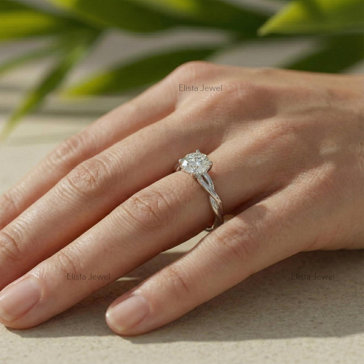 Round Lab Grown Diamond Solitaire Engagement Ring: 14K White Gold Twisted Infinity Band