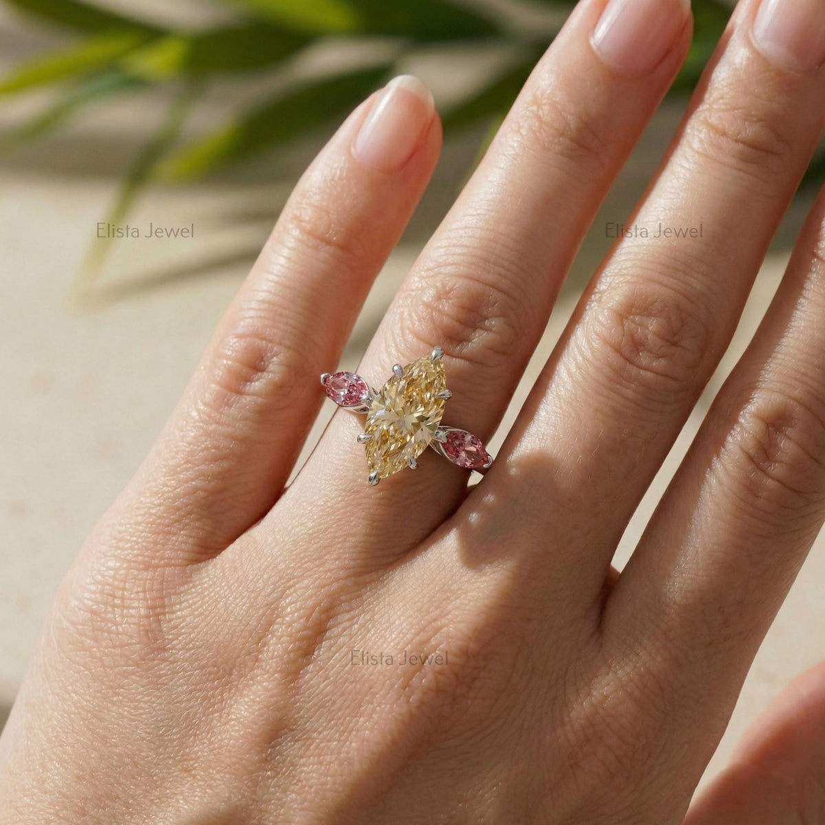 Marquise Champagne Lab-Grown Diamond Engagement Ring, 14K White Gold, Pink Accents