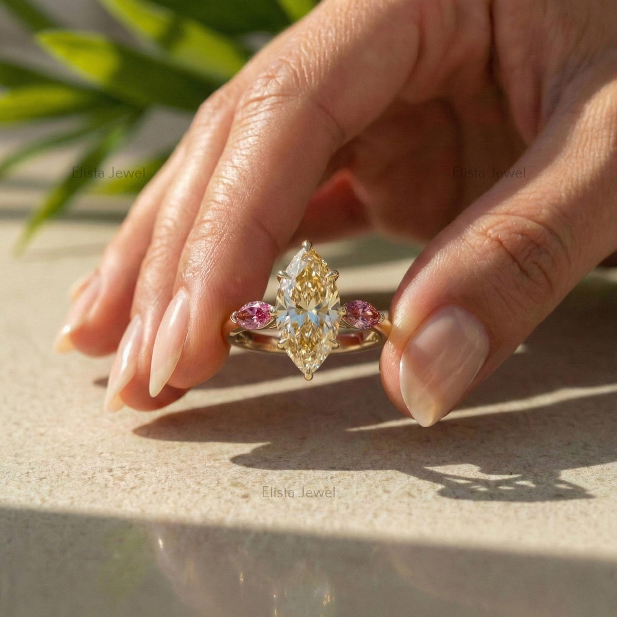 Marquise Champagne Lab-Grown Diamond Engagement Ring, 14K White Gold, Pink Accents