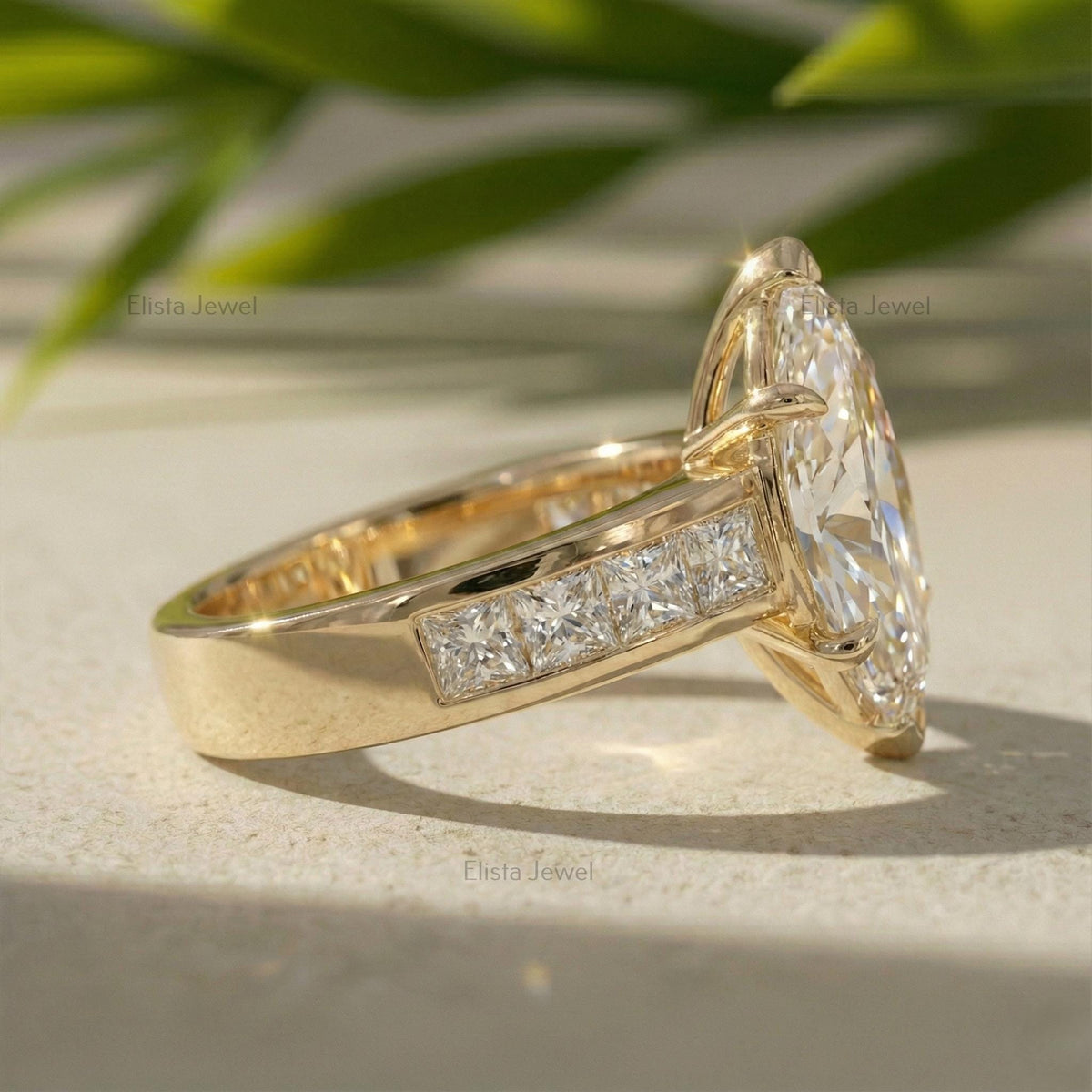 Marquise Lab-grown Diamond Engagement Ring Yellow Gold Channel Set With Princess Cut Accent Diamonds