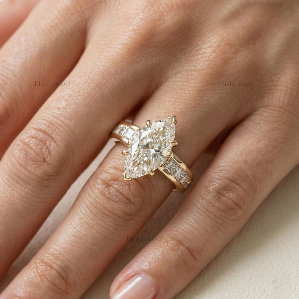 Marquise Lab-grown Diamond Engagement Ring Yellow Gold Channel Set With Princess Cut Accent Diamonds