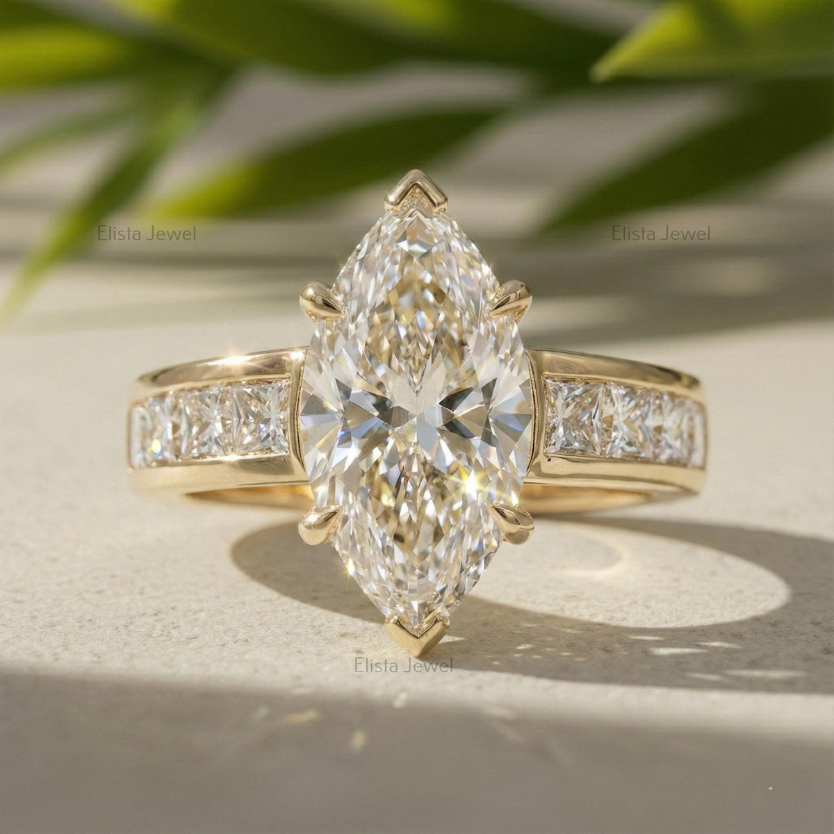 Marquise Lab-grown Diamond Engagement Ring Yellow Gold Channel Set With Princess Cut Accent Diamonds