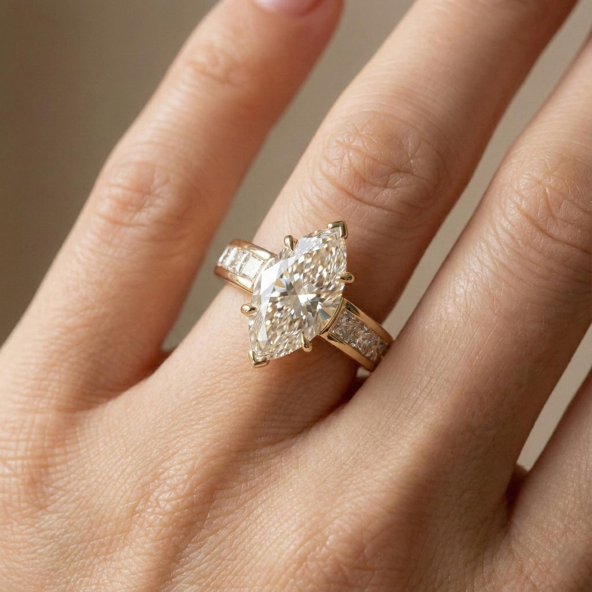Marquise Lab-grown Diamond Engagement Ring Yellow Gold Channel Set With Princess Cut Accent Diamonds