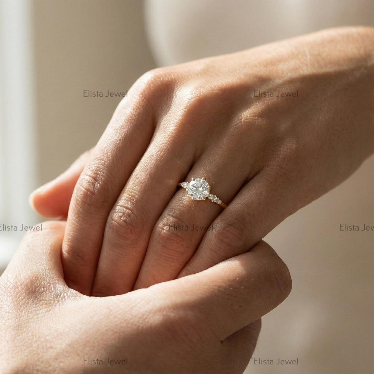 Round Diamond Ring Lab Grown Engagement 14K Yellow Gold Dainty Side Stone Band