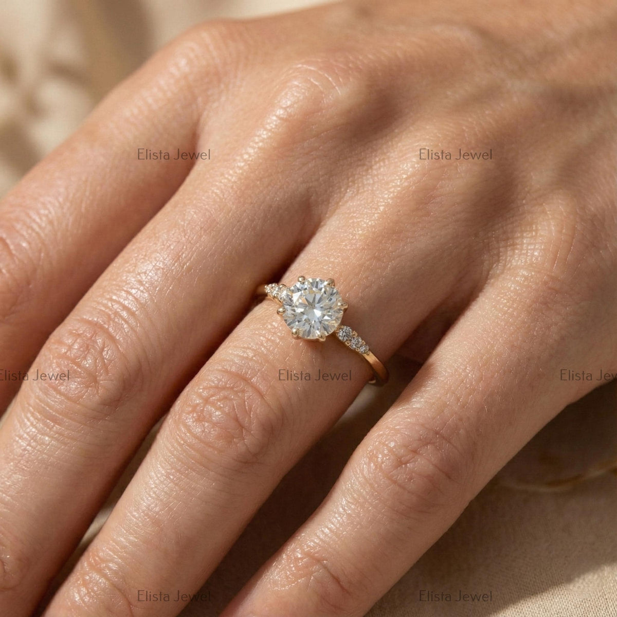 Round Diamond Ring Lab Grown Engagement 14K Yellow Gold Dainty Side Stone Band
