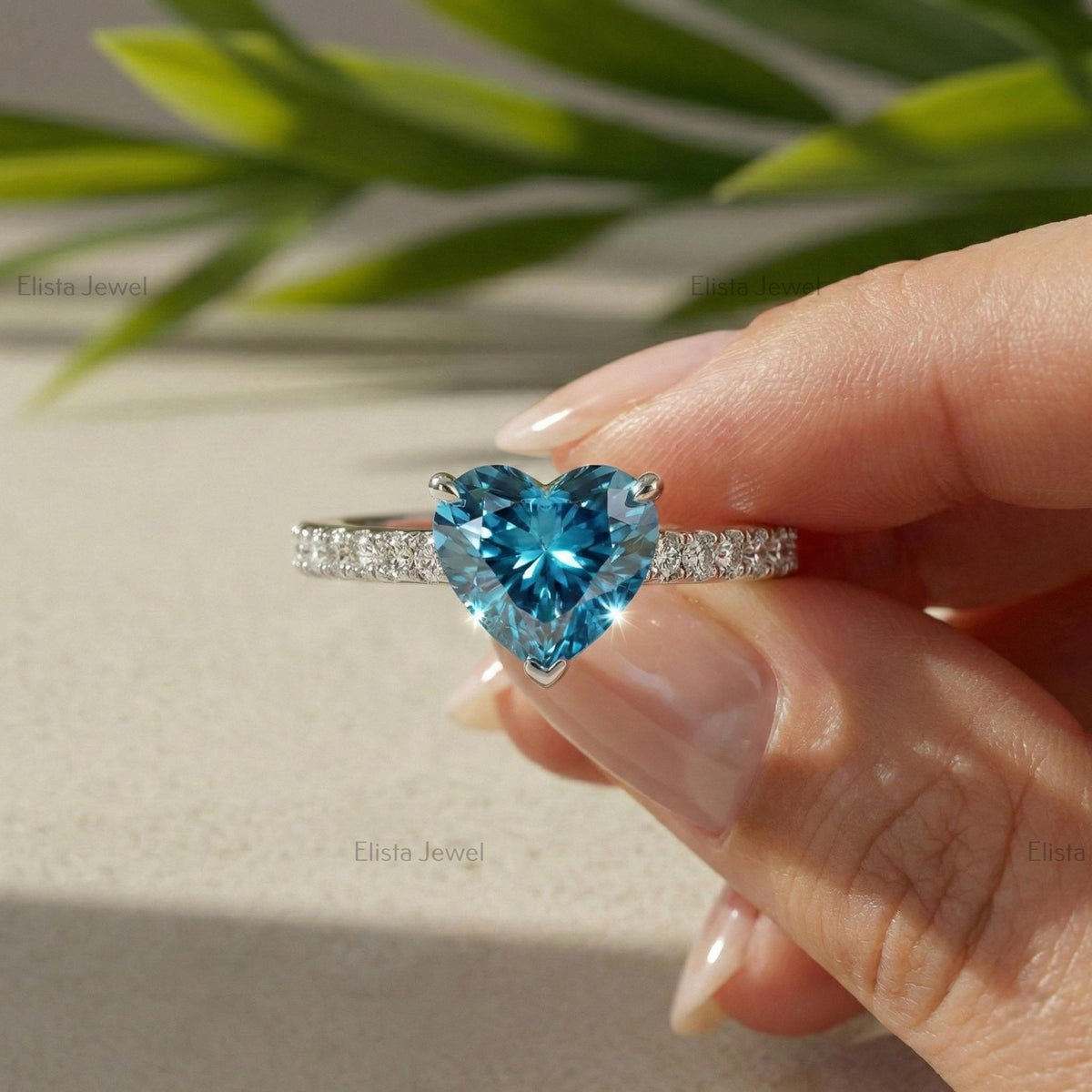 Heart Lab-Grown Diamond Ring: Fancy Blue, White Gold Pavé Band