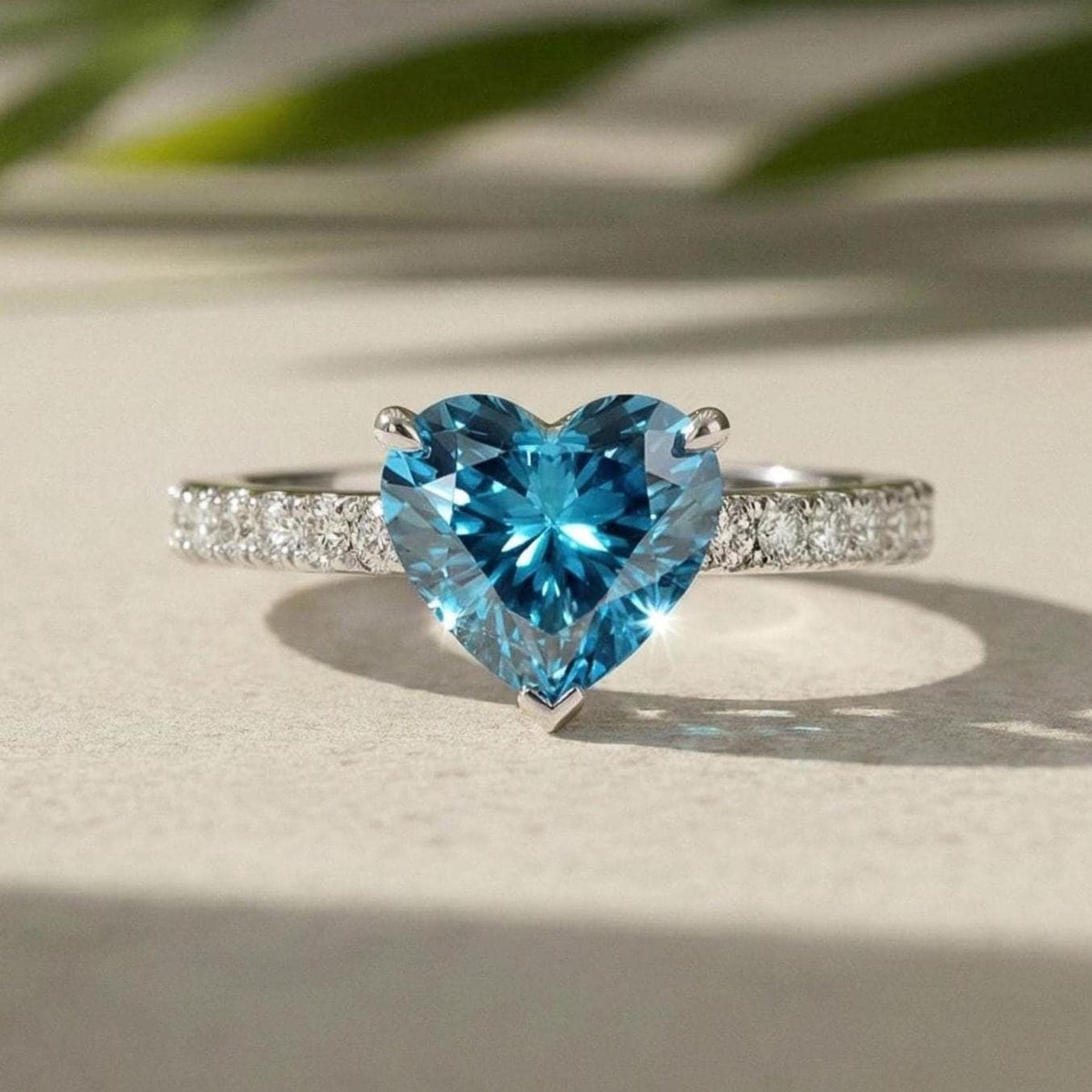 Heart Lab-Grown Diamond Ring: Fancy Blue, White Gold Pavé Band