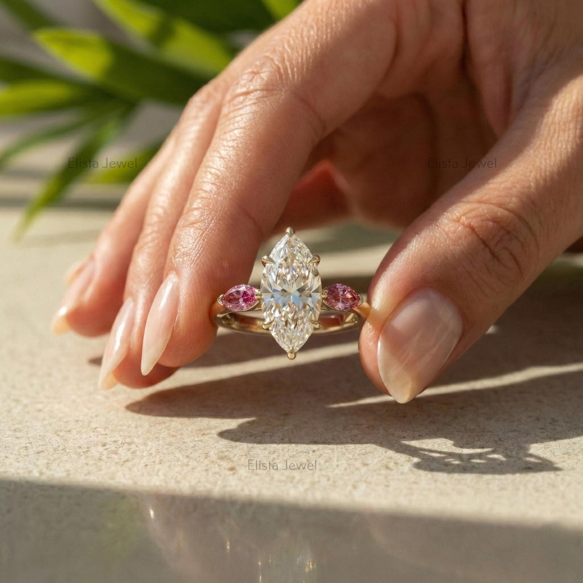 Marquise Lab-Grown Diamond Engagement Ring, 18K Yellow Gold, Pink Accent Stones
