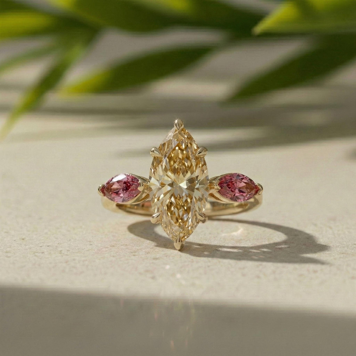 Marquise Champagne Lab-Grown Diamond Engagement Ring, 14K White Gold, Pink Accents