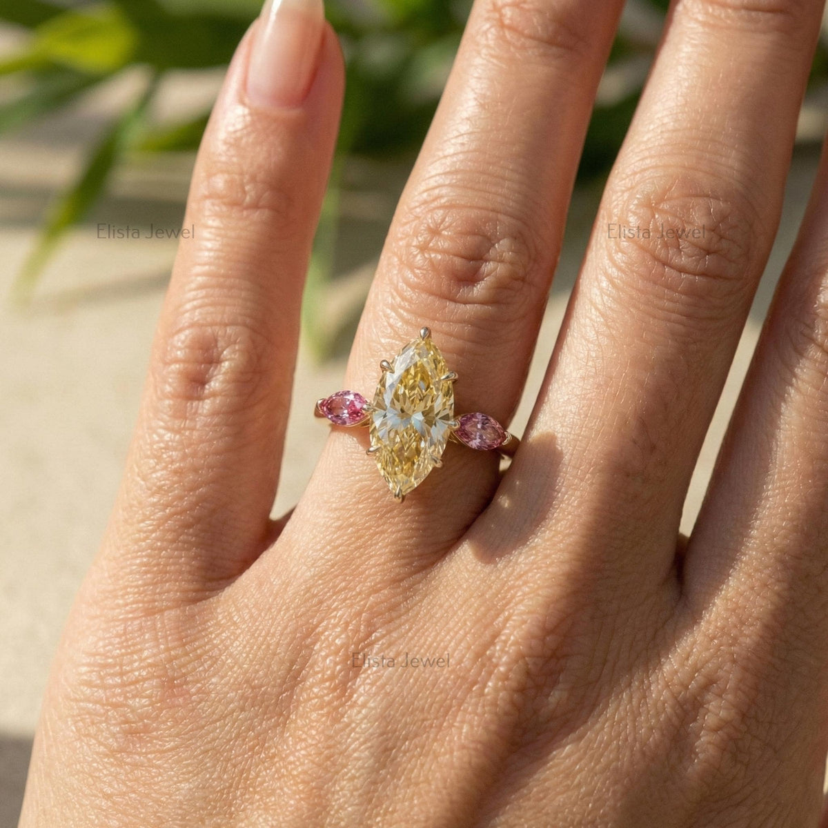 Marquise Champagne Lab-Grown Diamond Engagement Ring, 14K White Gold, Pink Accents