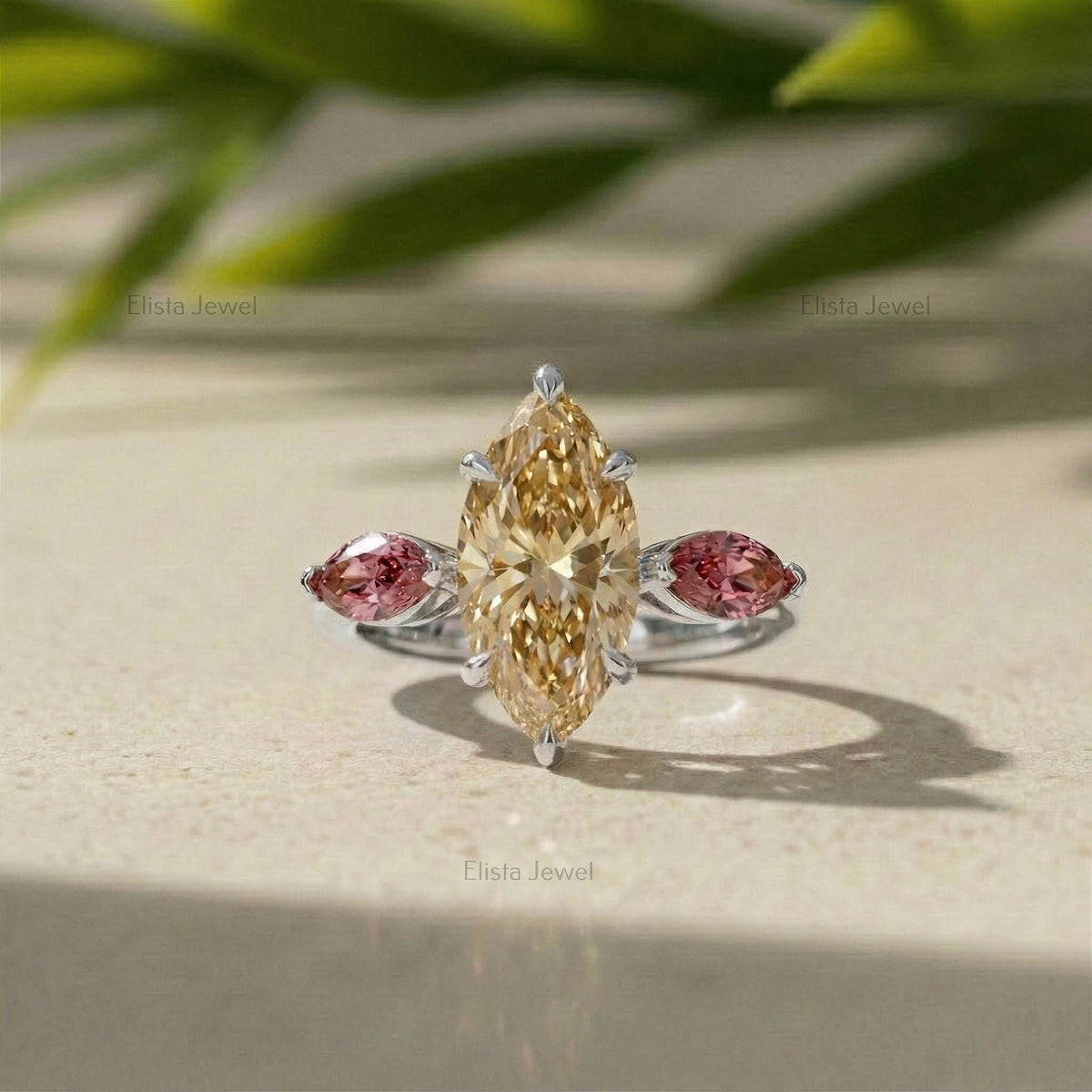 Marquise Champagne Lab-Grown Diamond Engagement Ring, 14K White Gold, Pink Accents