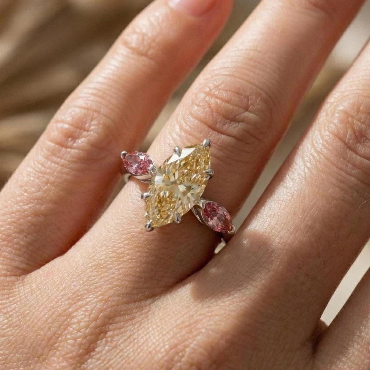 Marquise Champagne Lab-Grown Diamond Engagement Ring, 14K White Gold, Pink Accents