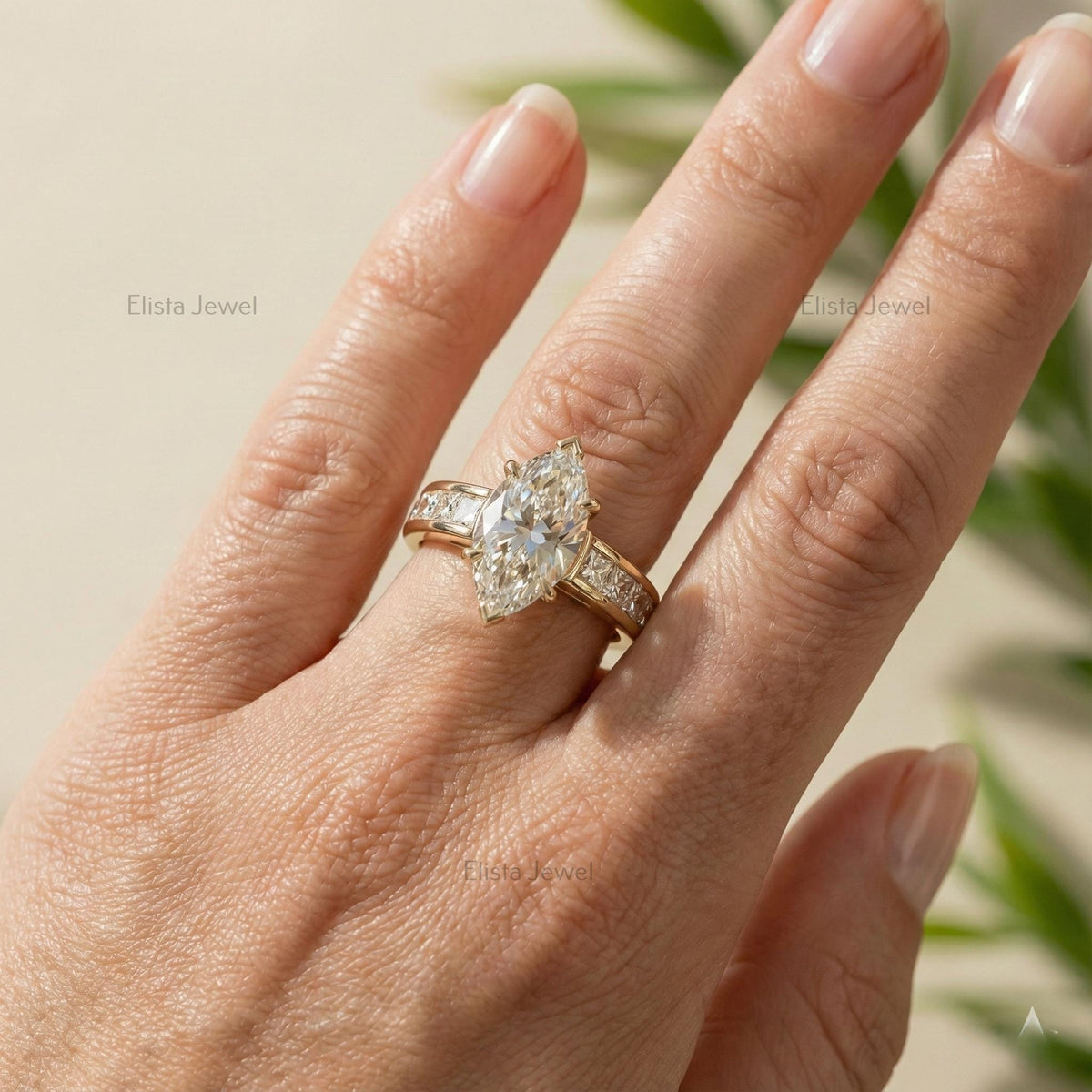 Marquise Lab-grown Diamond Engagement Ring Yellow Gold Channel Set With Princess Cut Accent Diamonds