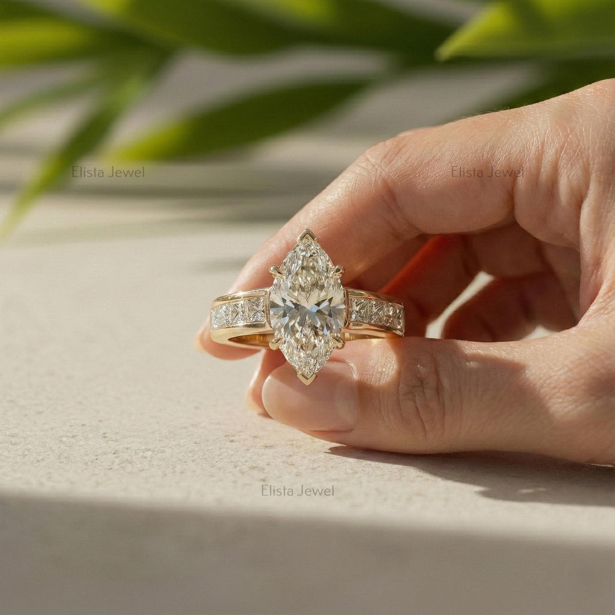 Marquise Lab-grown Diamond Engagement Ring Yellow Gold Channel Set With Princess Cut Accent Diamonds