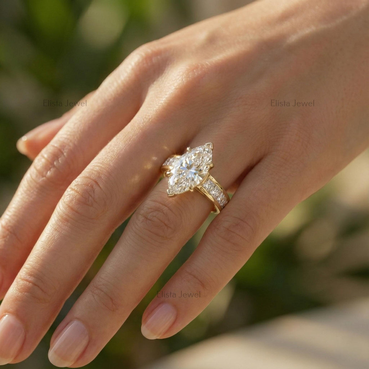 Marquise Lab-grown Diamond Engagement Ring Yellow Gold Channel Set With Princess Cut Accent Diamonds