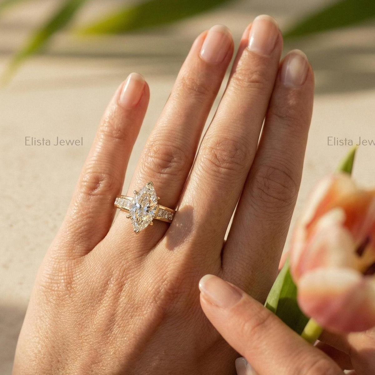 Marquise Lab-grown Diamond Engagement Ring Yellow Gold Channel Set With Princess Cut Accent Diamonds