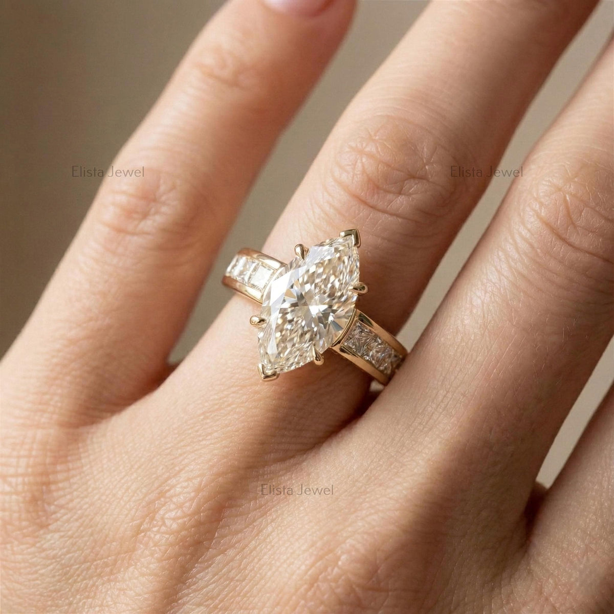 Marquise Lab-grown Diamond Engagement Ring Yellow Gold Channel Set With Princess Cut Accent Diamonds