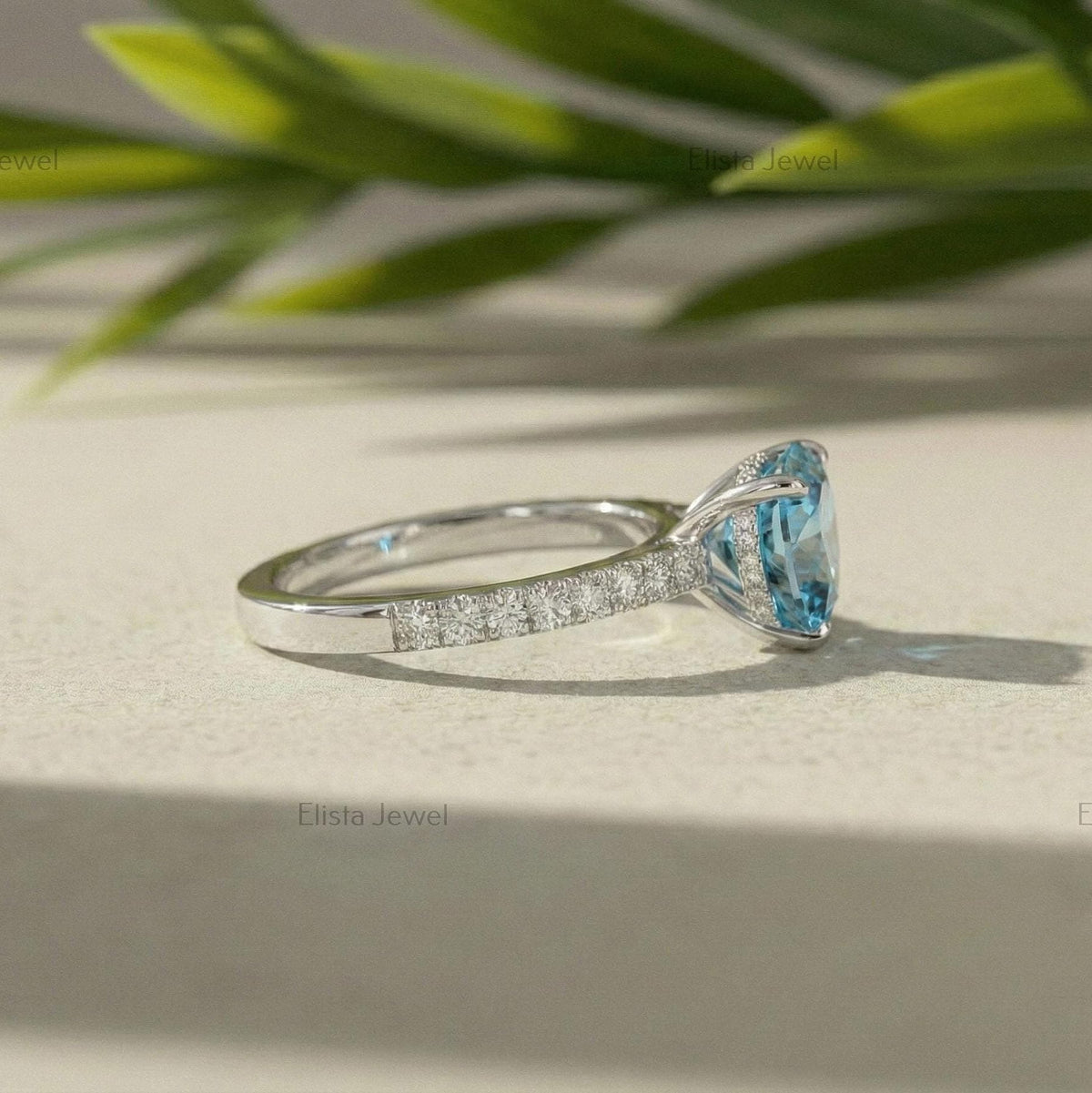 Heart Lab-Grown Diamond Ring: Fancy Blue, White Gold Pavé Band