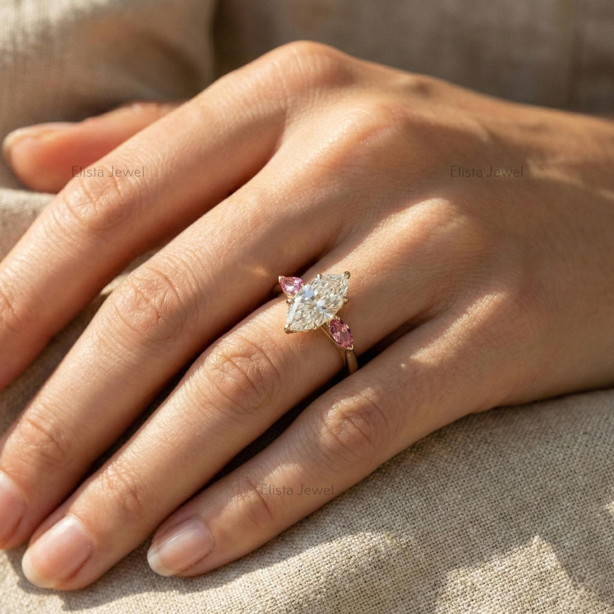 Marquise Lab-Grown Diamond Engagement Ring, 18K Yellow Gold, Pink Accent Stones