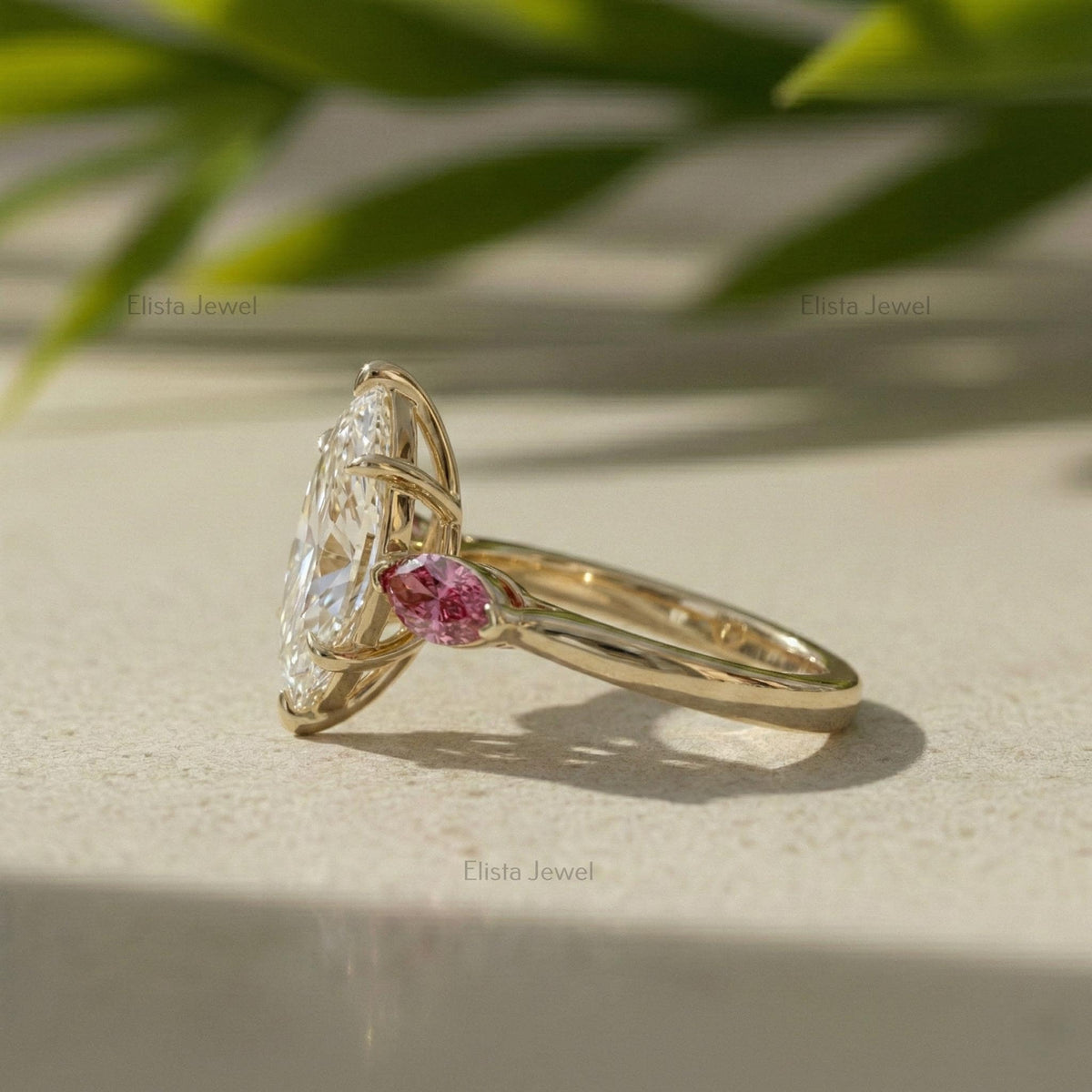 Marquise Lab-Grown Diamond Engagement Ring, 18K Yellow Gold, Pink Accent Stones