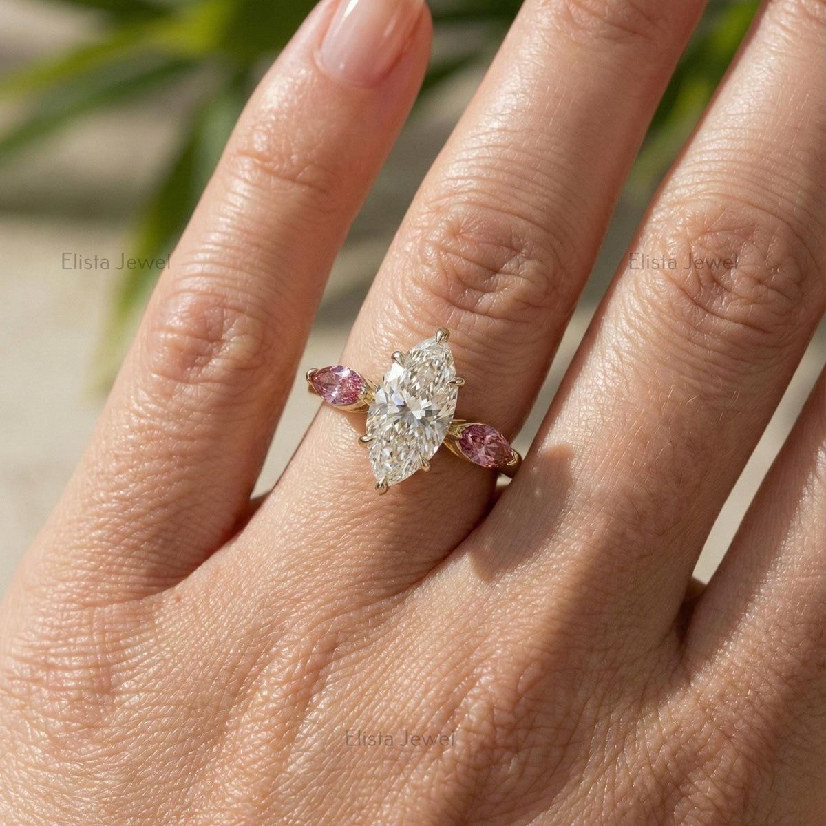 Marquise Lab-Grown Diamond Engagement Ring, 18K Yellow Gold, Pink Accent Stones