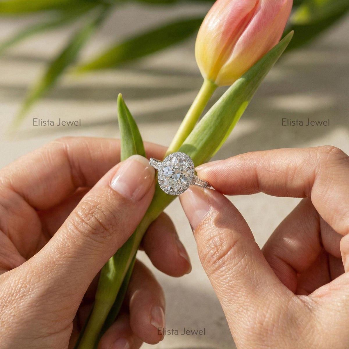 Oval Lab Grown Diamond Halo Engagement Ring With Baguette Side Stones