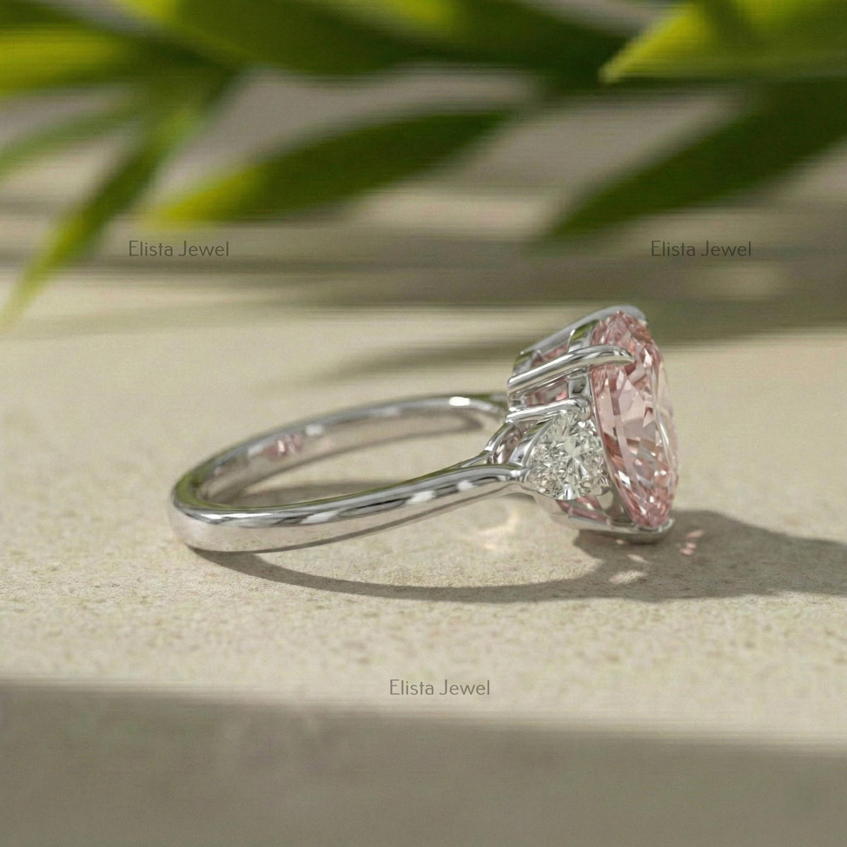 Pink Heart Lab Grown Diamond Three Stone Ring In 14K Solid White Gold