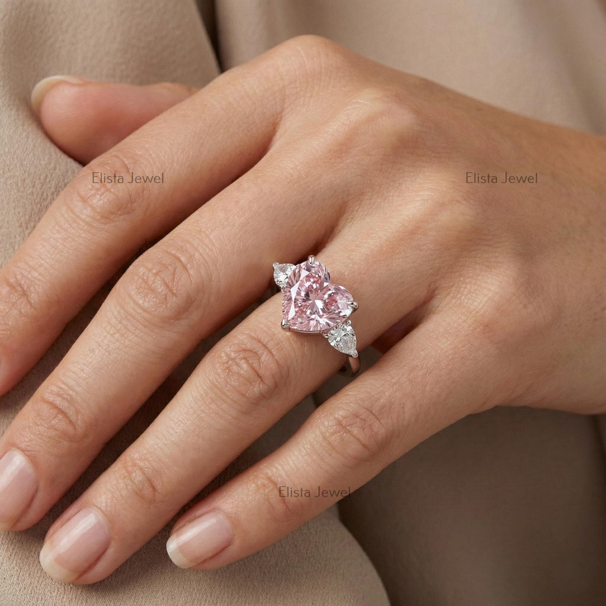 Pink Heart Lab Grown Diamond Three Stone Ring In 14K Solid White Gold