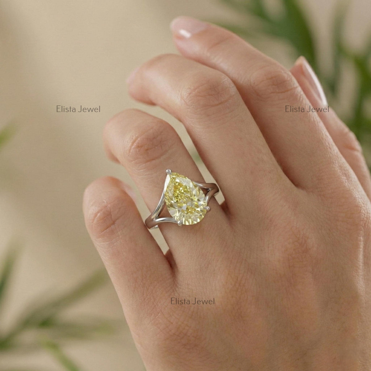Yellow Pear Lab Grown Diamond Solitaire Engagement Ring, Platinum Split Shank Band (IGI Certified)