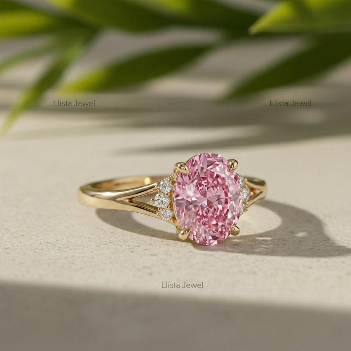Oval Pink Lab Grown Diamond  Split Shank Engagement Ring In 14K Yellow Gold