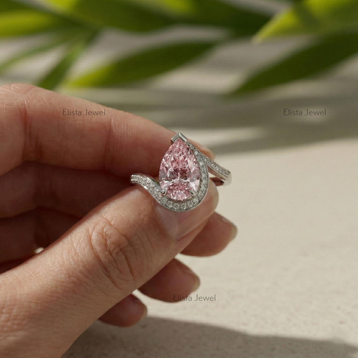 Pear Shaped Pink Lab Diamond Bypass Ring, IGI Certified White Gold Engagement For Women