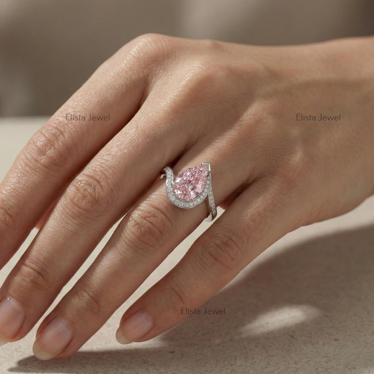 Pear Shaped Pink Lab Diamond Bypass Ring, IGI Certified White Gold Engagement For Women