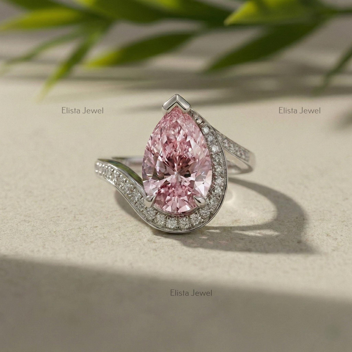 Pear Shaped Pink Lab Diamond Bypass Ring, IGI Certified White Gold Engagement For Women