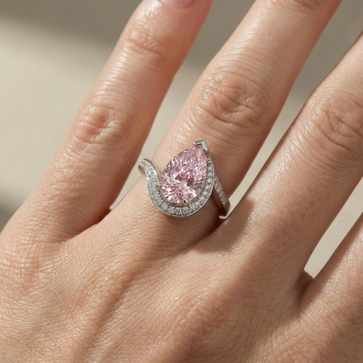 Pear Shaped Pink Lab Diamond Bypass Ring, IGI Certified White Gold Engagement For Women