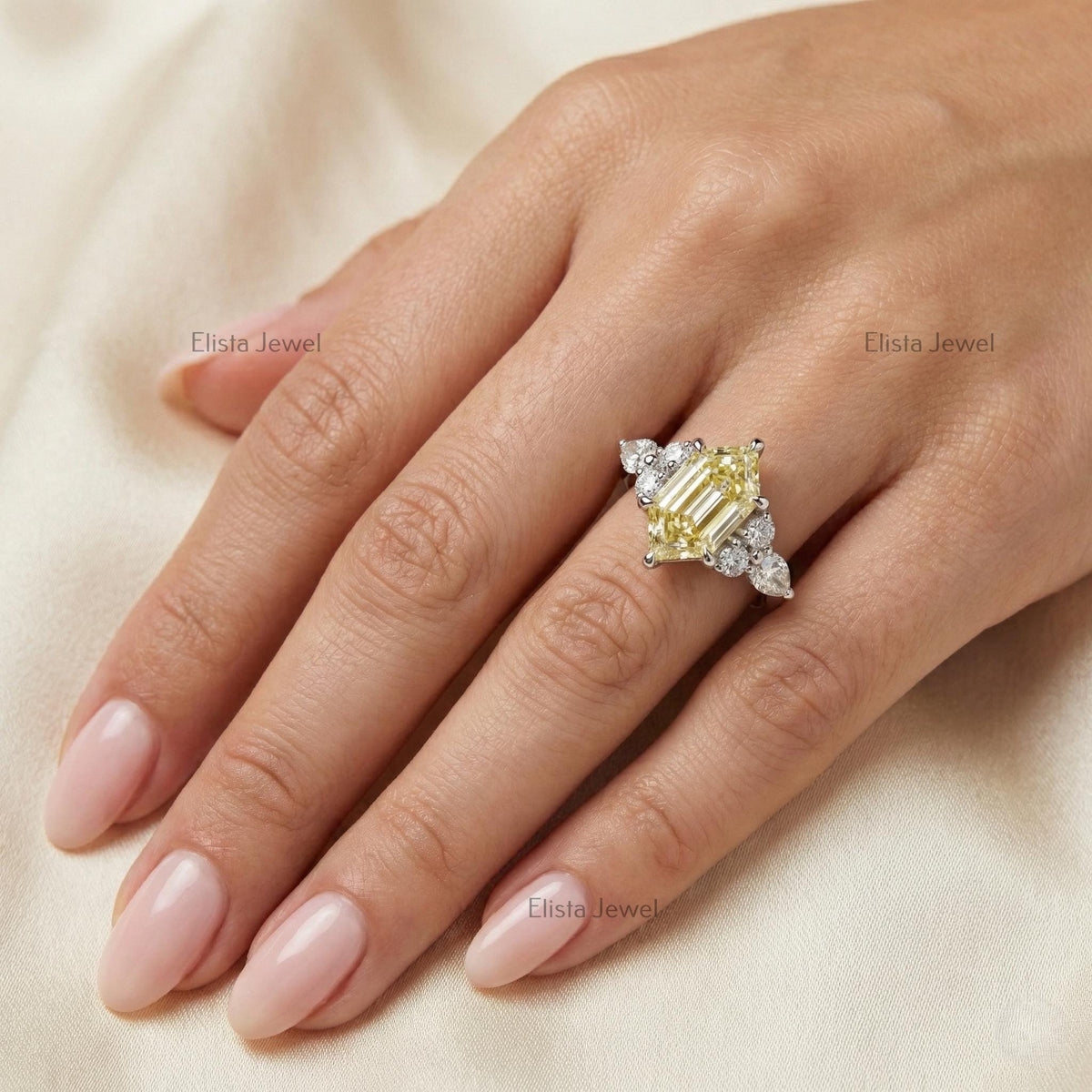 Hexagon Step Cut Yellow Diamond Three Stone Ring, IGI Certified Engagement Ring