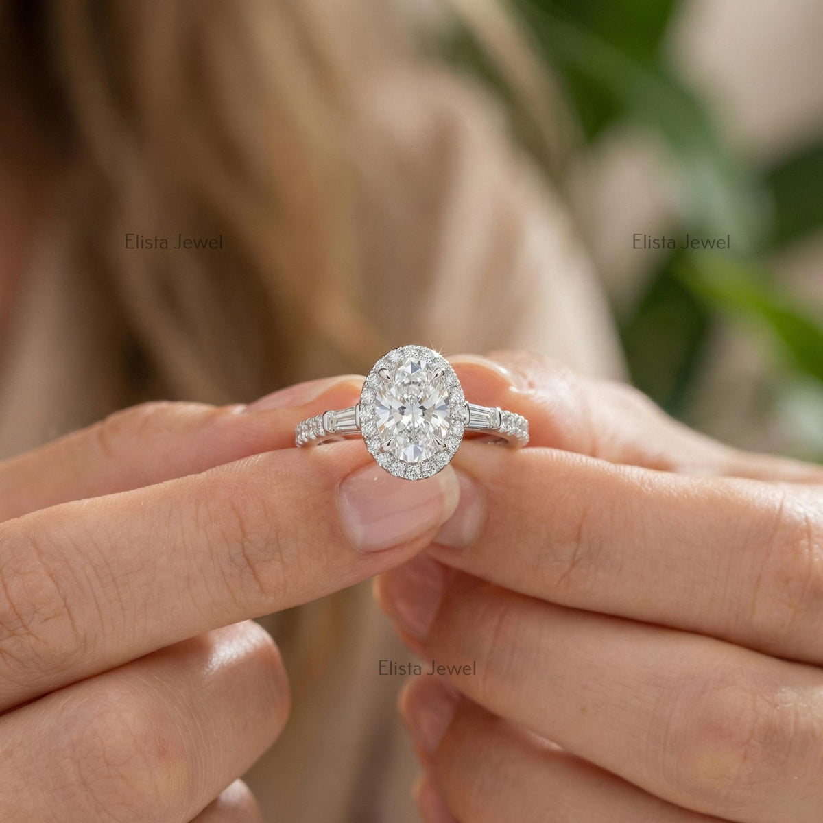 Oval Lab Grown Diamond Halo Engagement Ring With Baguette Side Stones