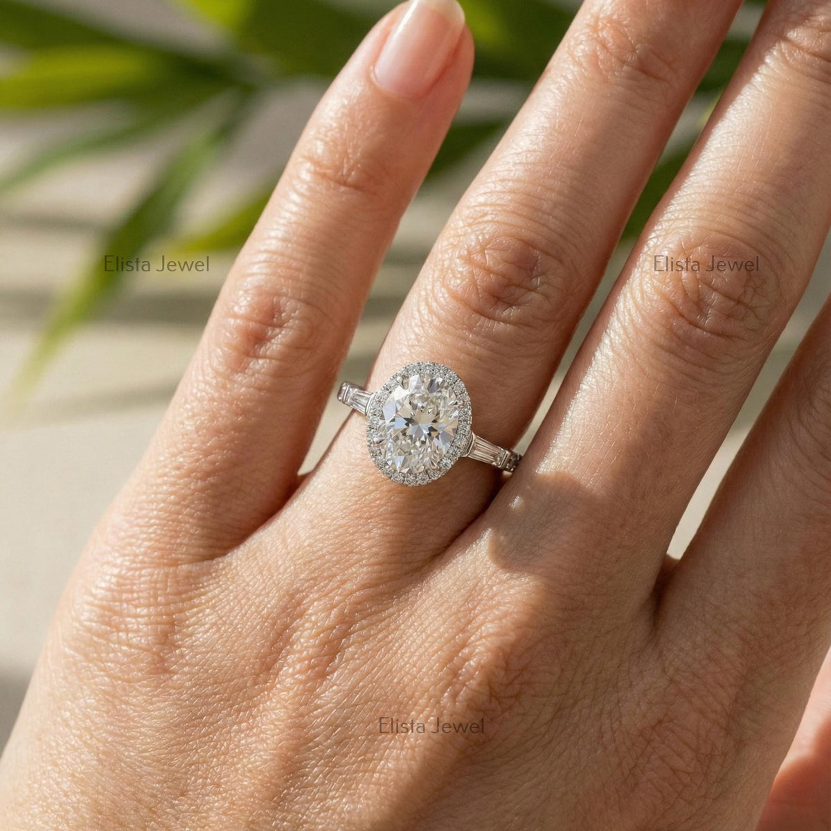 Oval Lab Grown Diamond Halo Engagement Ring With Baguette Side Stones