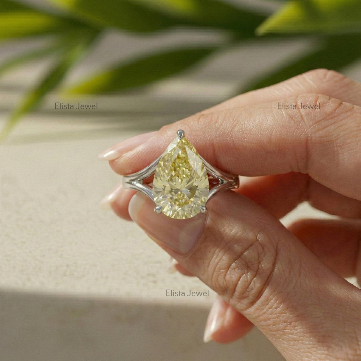 Yellow Pear Lab Grown Diamond Solitaire Engagement Ring, Platinum Split Shank Band (IGI Certified)