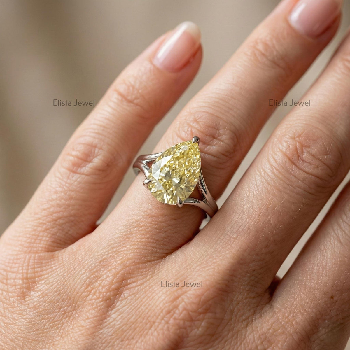 Yellow Pear Lab Grown Diamond Solitaire Engagement Ring, Platinum Split Shank Band (IGI Certified)