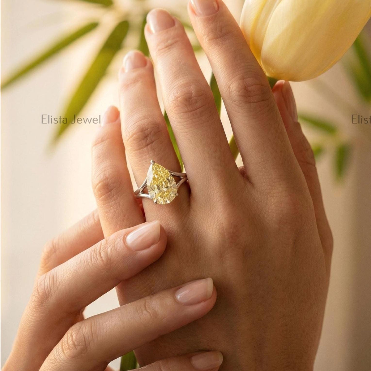 Yellow Pear Lab Grown Diamond Solitaire Engagement Ring, Platinum Split Shank Band (IGI Certified)