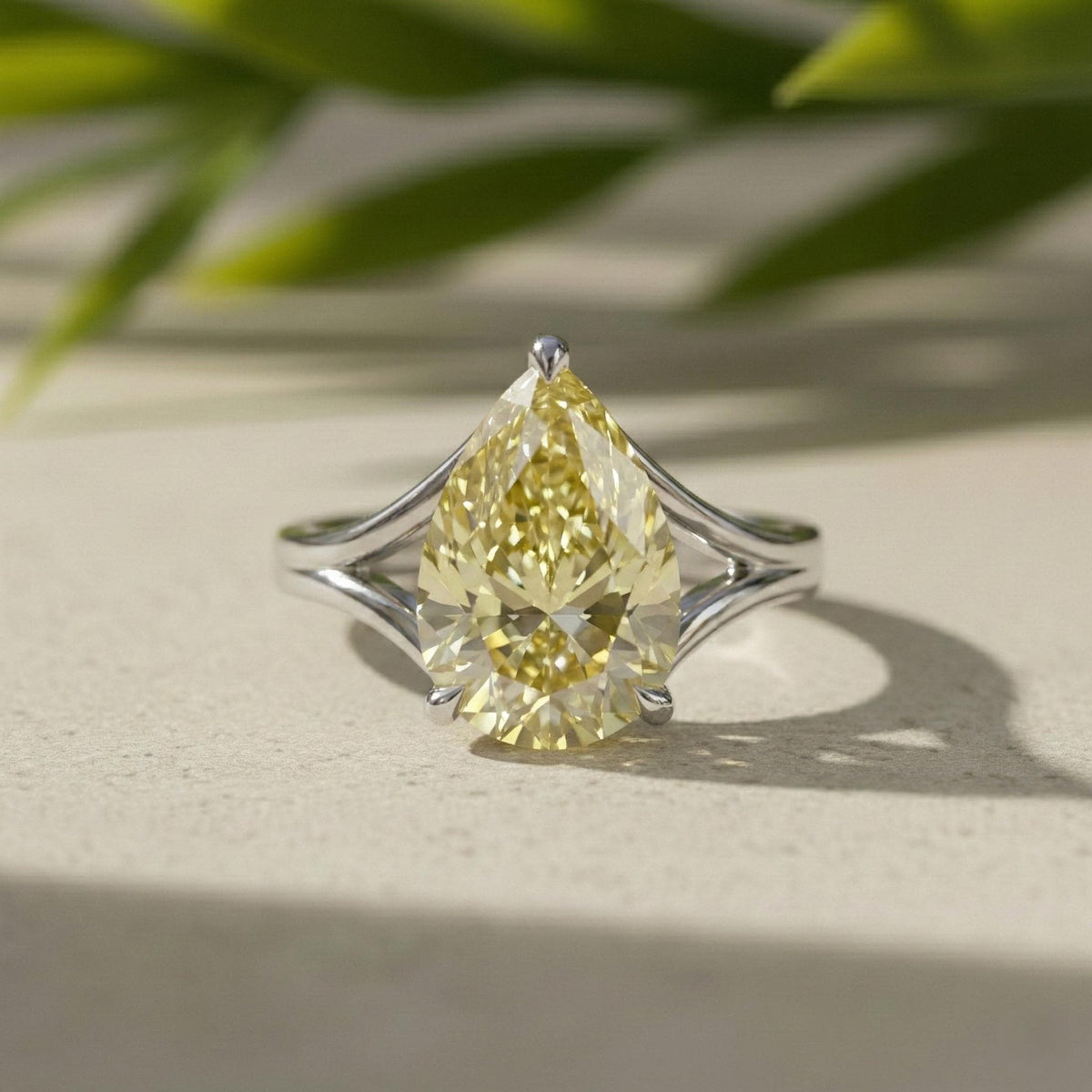 Yellow Pear Lab Grown Diamond Solitaire Engagement Ring, Platinum Split Shank Band (IGI Certified)