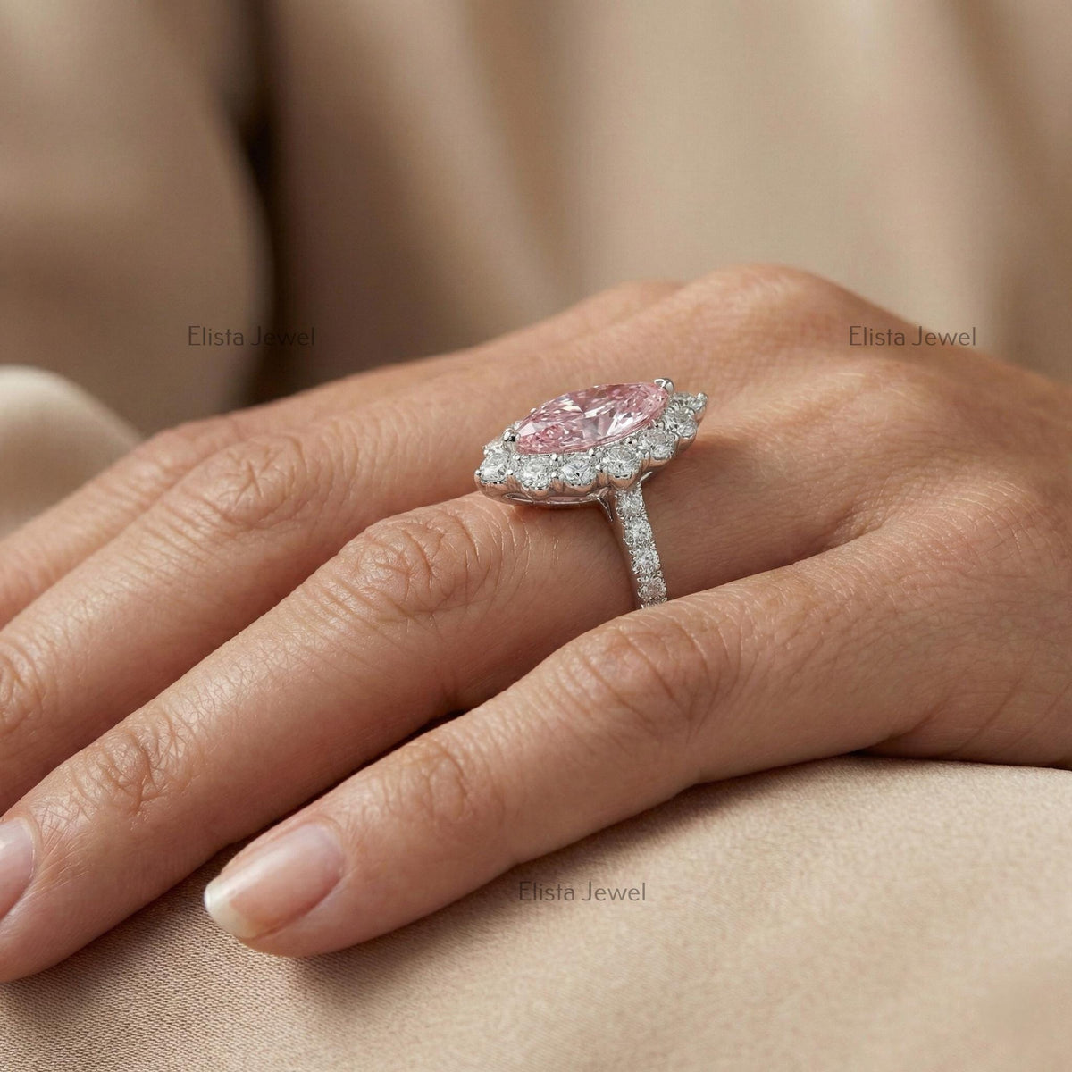 Marquise Pink Lab Diamond Halo Engagement Ring, 14K White Gold Pavé Band Certified