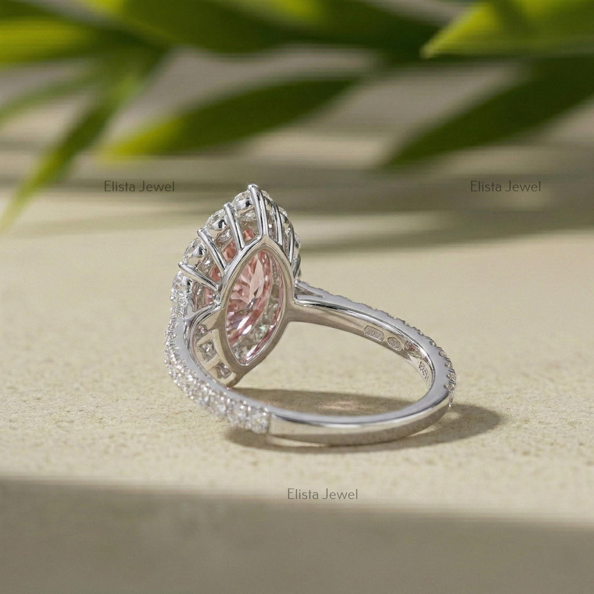 Marquise Pink Lab Diamond Halo Engagement Ring, 14K White Gold Pavé Band Certified