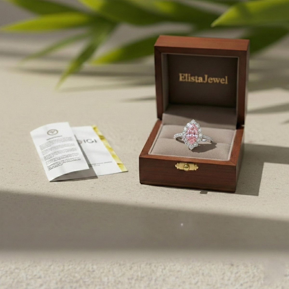 Marquise Pink Lab Diamond Halo Engagement Ring, 14K White Gold Pavé Band Certified