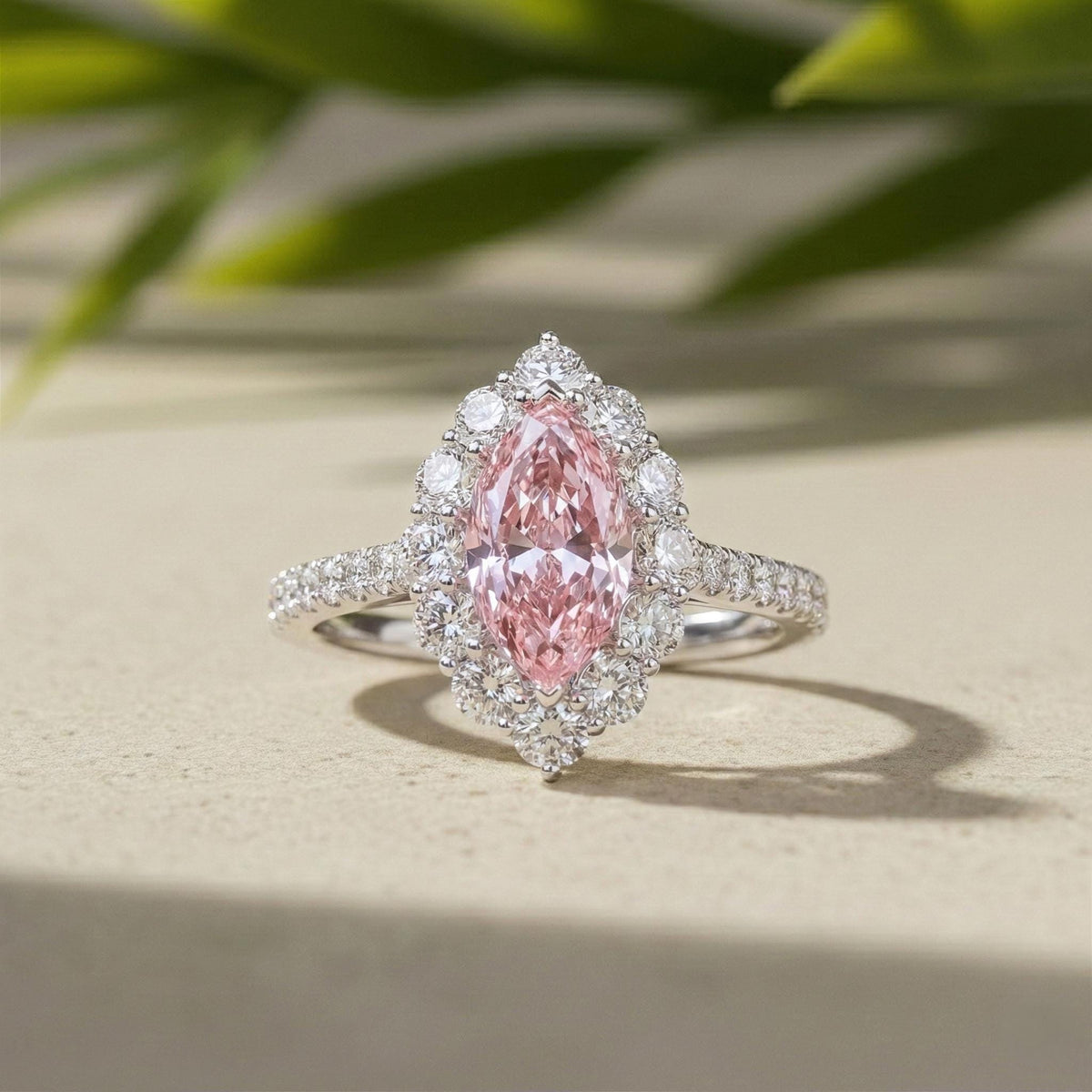 Marquise Pink Lab Diamond Halo Engagement Ring, 14K White Gold Pavé Band Certified