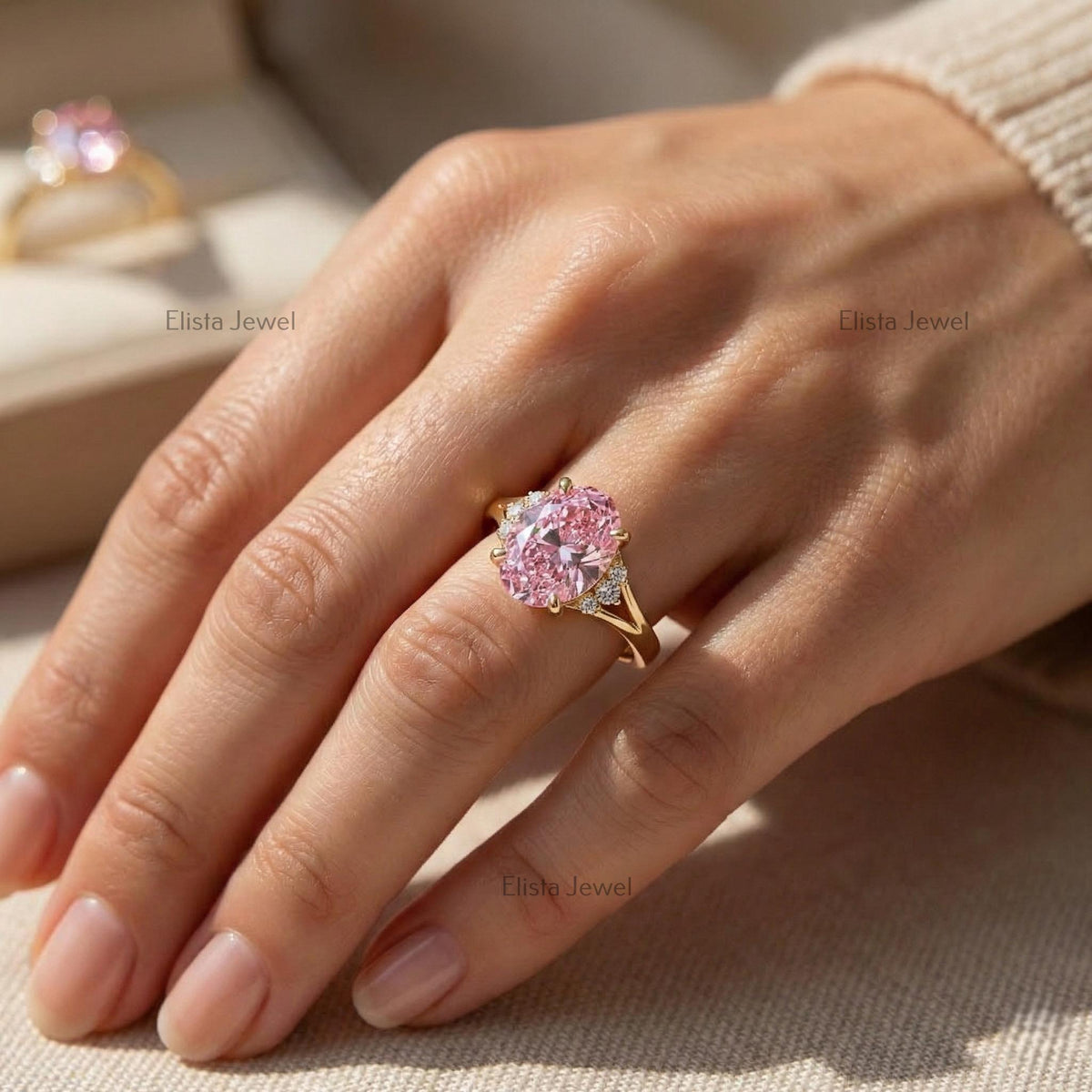 Oval Pink Lab Grown Diamond  Split Shank Engagement Ring In 14K Yellow Gold
