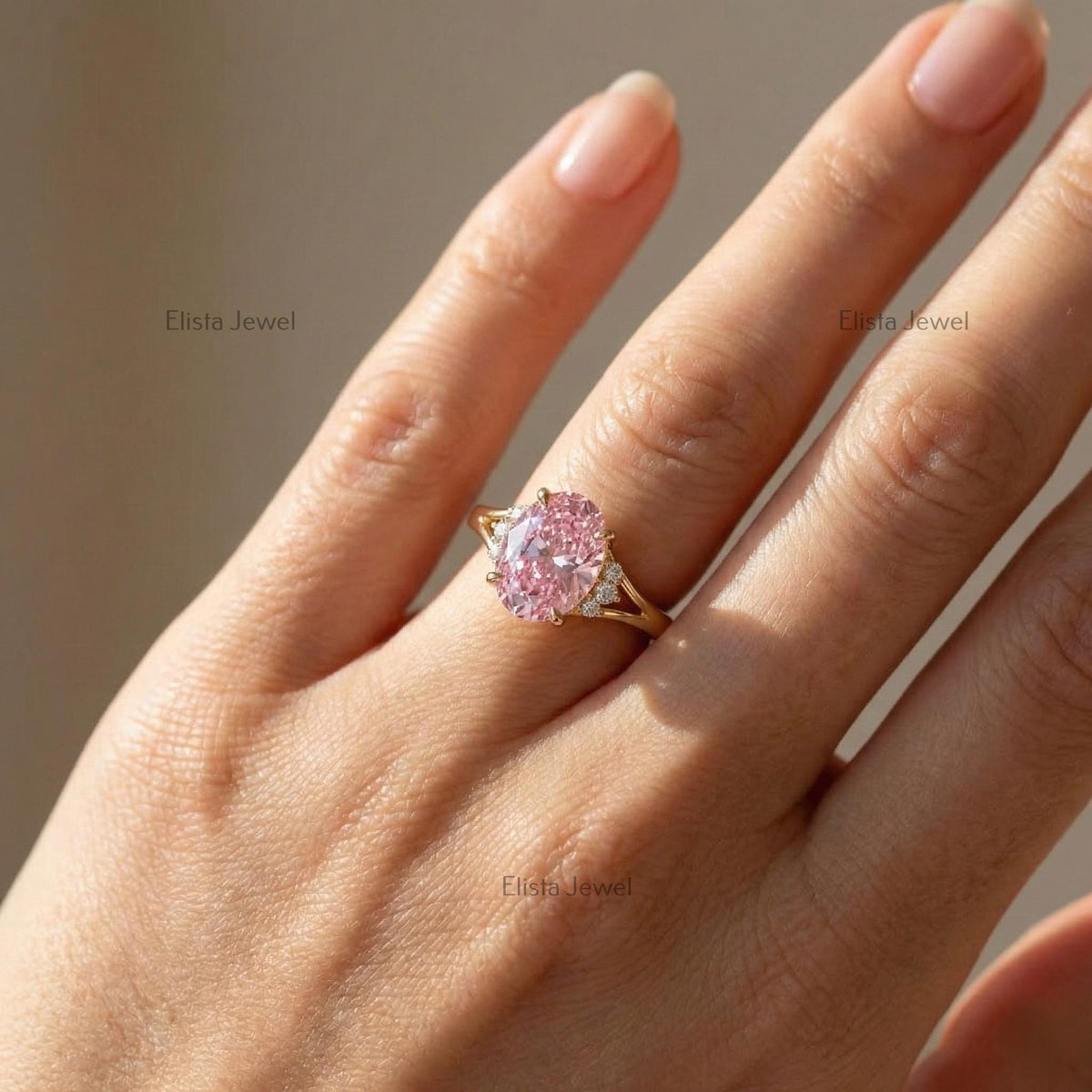 Oval Pink Lab Grown Diamond  Split Shank Engagement Ring In 14K Yellow Gold
