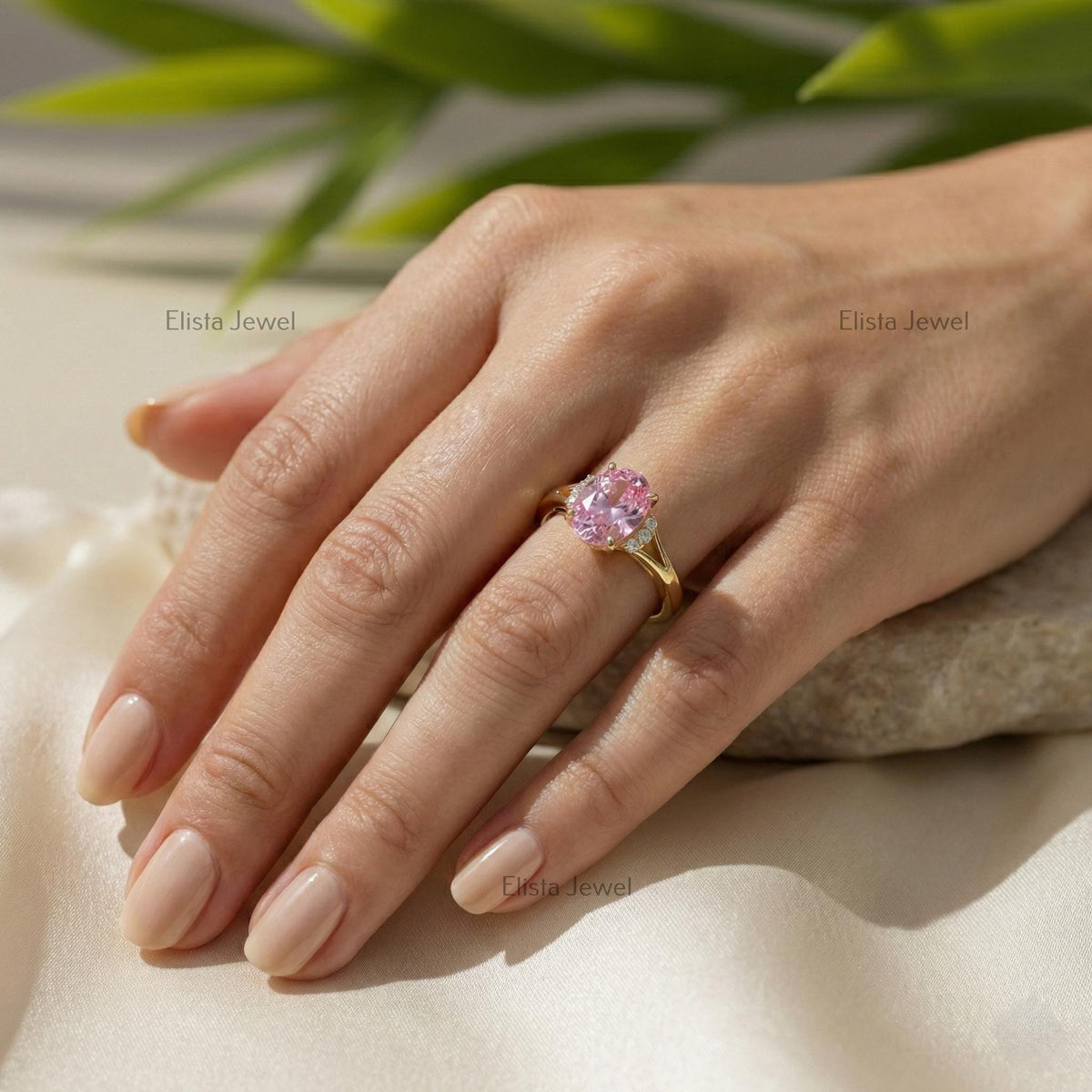 Oval Pink Lab Grown Diamond  Split Shank Engagement Ring In 14K Yellow Gold
